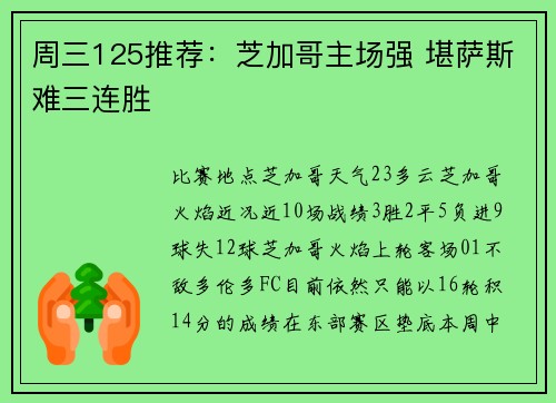 周三125推荐：芝加哥主场强 堪萨斯难三连胜