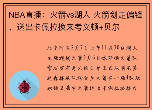 NBA直播：火箭vs湖人 火箭剑走偏锋，送出卡佩拉换来考文顿+贝尔