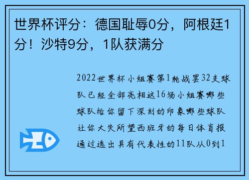 世界杯评分：德国耻辱0分，阿根廷1分！沙特9分，1队获满分