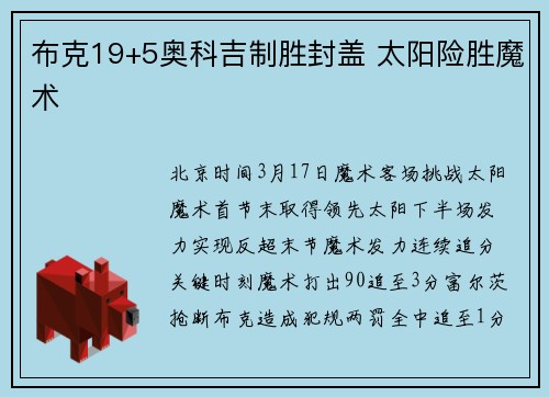 布克19+5奥科吉制胜封盖 太阳险胜魔术
